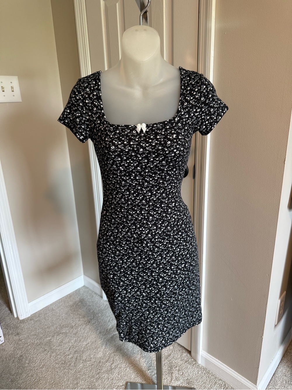 See You Monday Black Floral Square-Neck Mini Dress